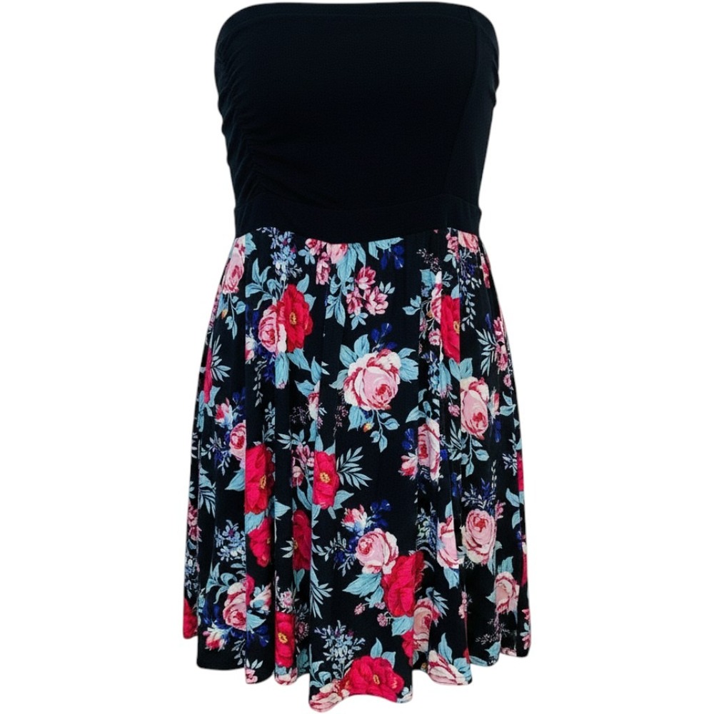 Torrid Strapless Floral Dress Sz 0 US Large Black Pink Blue Ruched Pockets